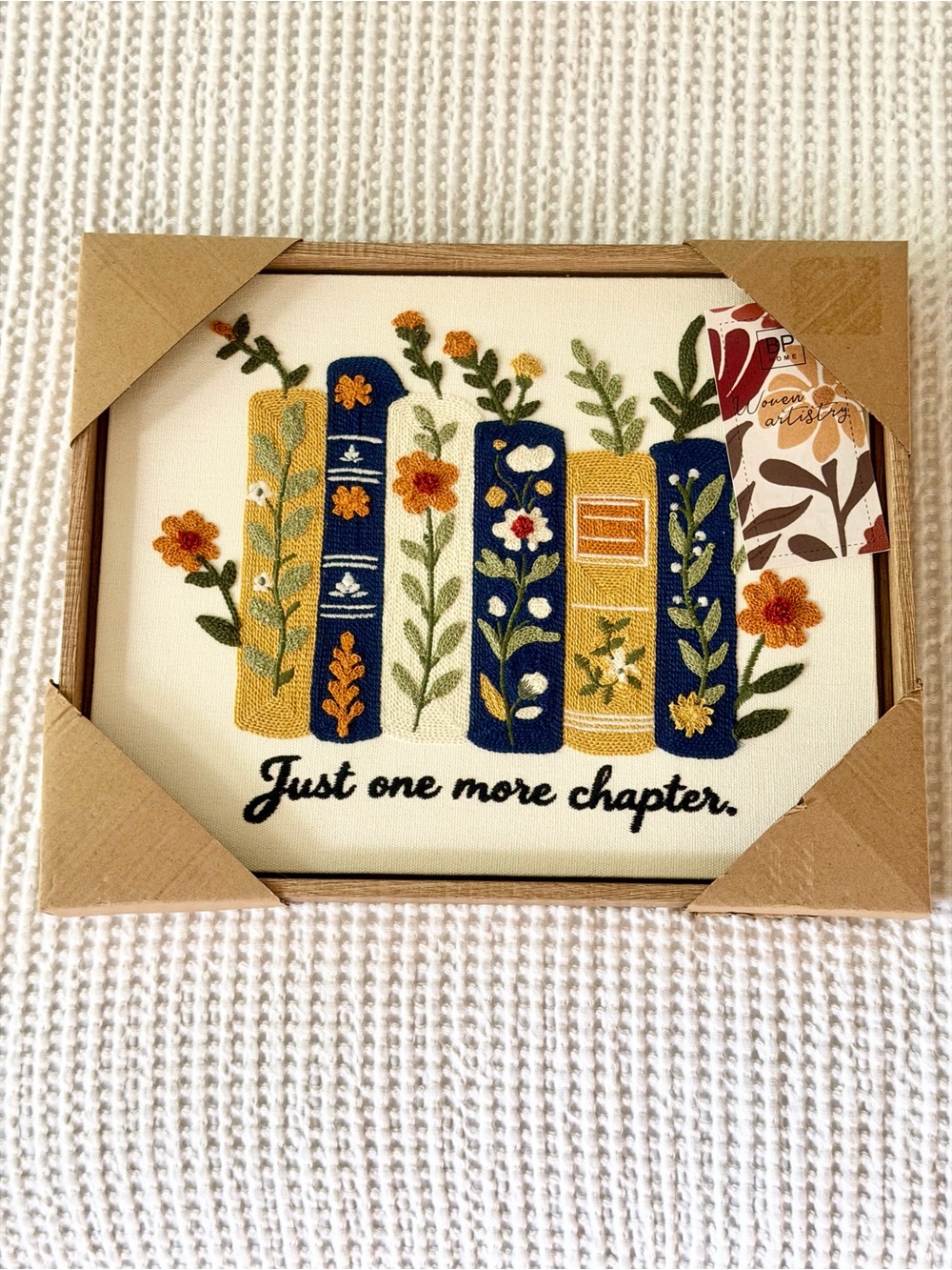 BP Home Floral Books Woven Wall Art Embroidered Just One More Chapter 12x15” NWT